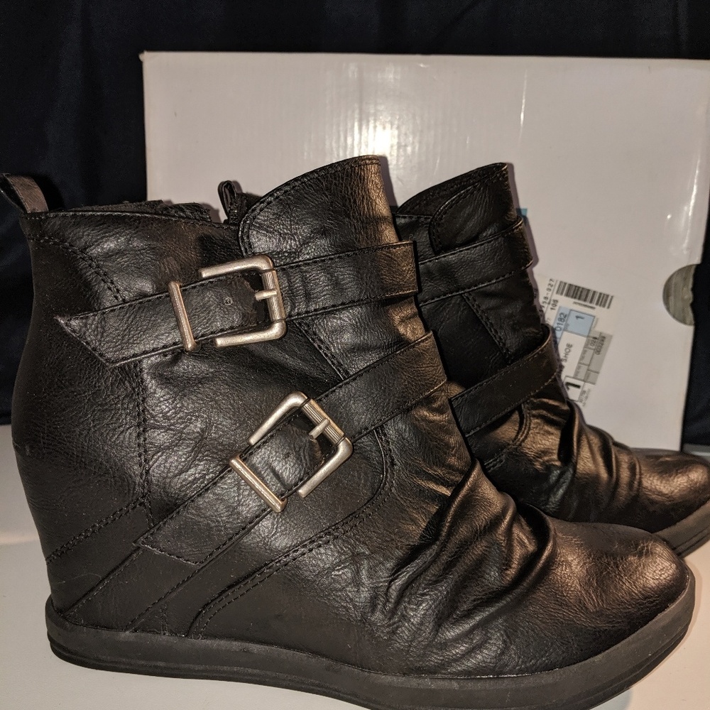Call It Spring Black Leather Slouchy Buckle Boots